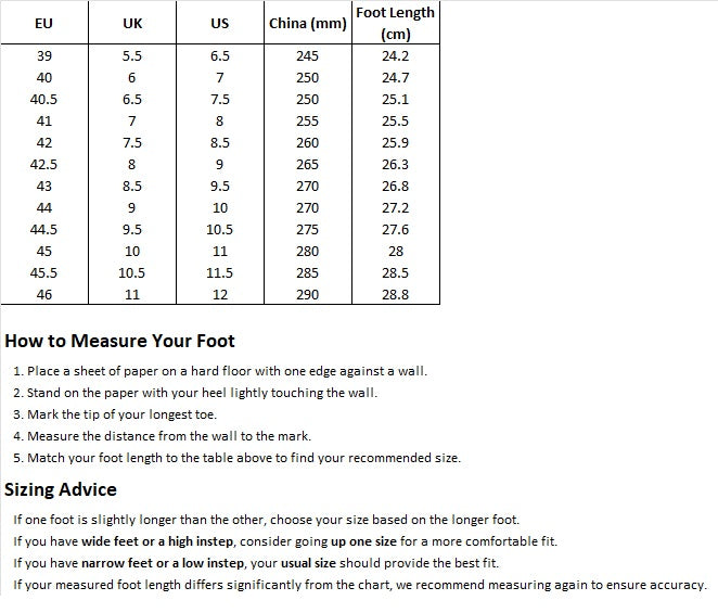 A foot measurement chart and sizing guide in English, showing a size table with EU, UK, US, and China foot length conversions, plus step-by-step instructions and fit advice.